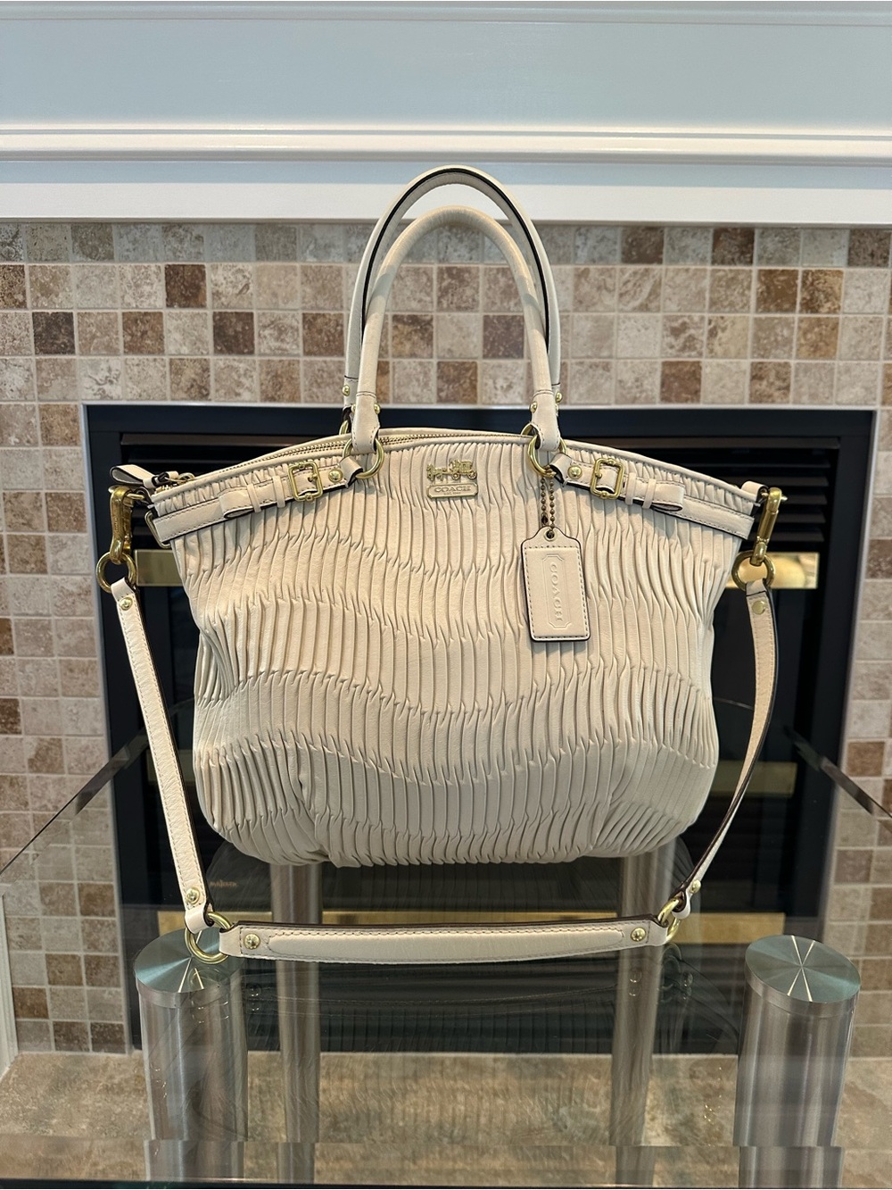 Coach Cream Pleated Leather Tote with Removable Strap